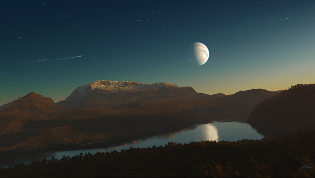 Обои картинки фото 3д графика, атмосфера, настроение , atmosphere ,  mood , метеоры, спутник, кометы, планета, небо, лес, река