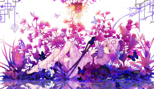 Обои картинки фото аниме, touhou, цветы, девушка, арт, бабочки, отражение, мечи, dead, line, saigyouji, yuyuko