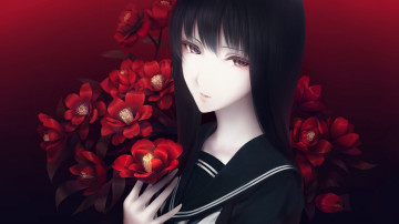 Картинка аниме unknown +другое девушка взгляд камелии цветы
