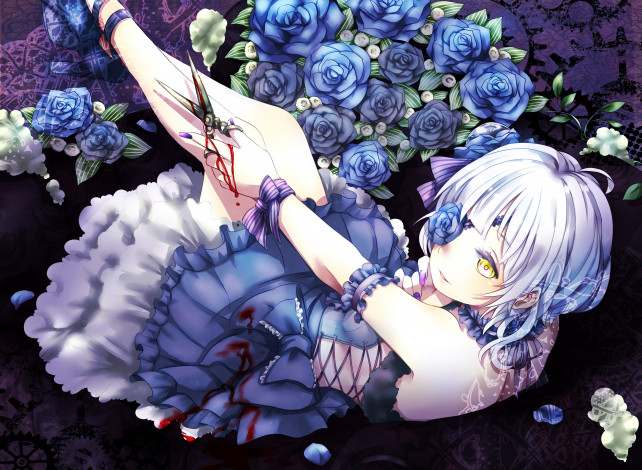 Обои картинки фото аниме, unknown,  другое, девушка, цветы, ножницы