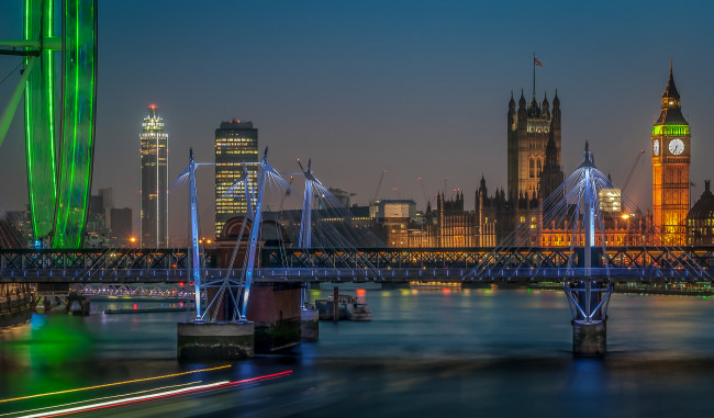 Обои картинки фото taken from waterloo bridge,  london,  england, города, лондон , великобритания, река, мост, ночь
