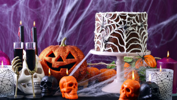 обоя праздничные, хэллоуин, череп, бокалы, свечи, торт, тыква