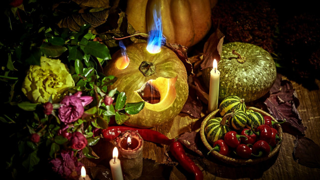 Обои картинки фото праздничные, хэллоуин, тыква, свечи, перец, пламя