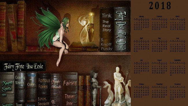 Обои картинки фото календари, фэнтези, крылья, книга, статуэтка, фея