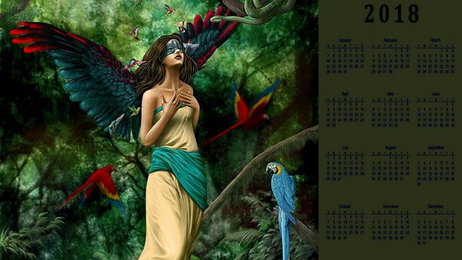 Обои картинки фото календари, фэнтези, попугай, птица, маска, крылья, девушка