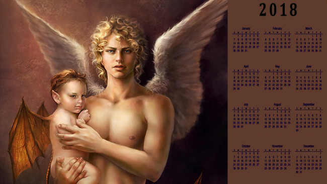 Обои картинки фото календари, фэнтези, ребенок, лицо, крылья, взгляд, мужчина