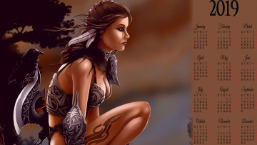 Картинка календари фэнтези узор тату оружие птица профиль девушка