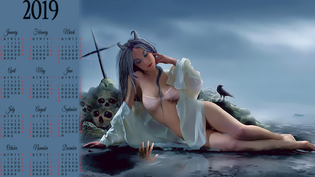 Обои картинки фото календари, фэнтези, птица, рука, череп, рога, девушка