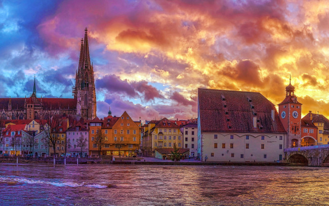 Обои картинки фото города, регенсбург , германия, река, собор, закат, облака