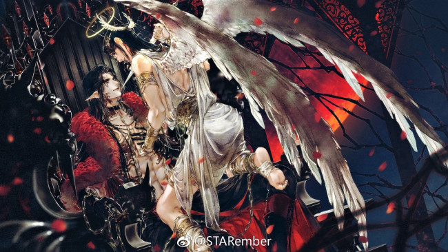 Обои картинки фото аниме, tian guan ci fu, ангел, демон, трон, крылья