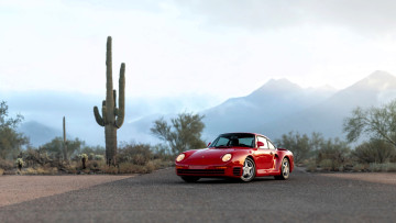Картинка porsche+959 автомобили porsche красный горы деревья кактусы