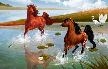 Картинка фэнтези существа рога стрекоза камыш отражения кувшинки лотосы аисты трава земля цветы вода лошади