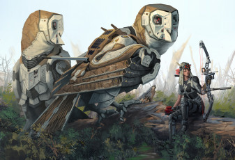 Картинка фэнтези красавицы чудовища совы птицы лук лучница воительница девушка роботы