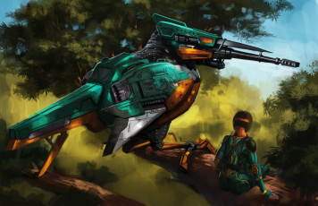 Картинка фэнтези роботы киборги механизмы девушка снайпер птица робот зимородок