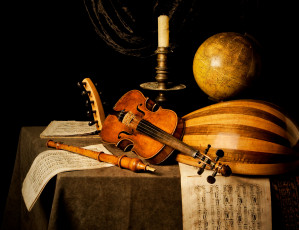 обоя музыка, - другое, дудка, скрипка, ноты, музыкальный, натюрморт, глобус, свеча