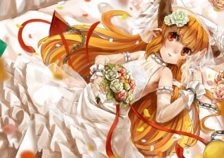 Картинка аниме touhou цветы розы букет эльф рыжая лежит девушка белое платье цепи