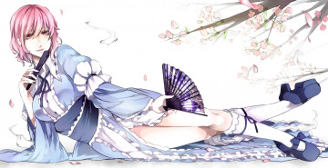 Картинка аниме touhou розовые волосы кимоно лежит девушка белый фон ветви веер сакура