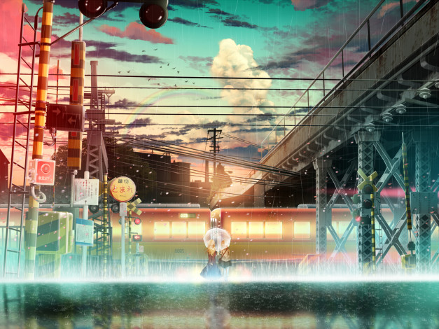 Обои картинки фото аниме, touhou, зонтики, девушки, станция, дождь