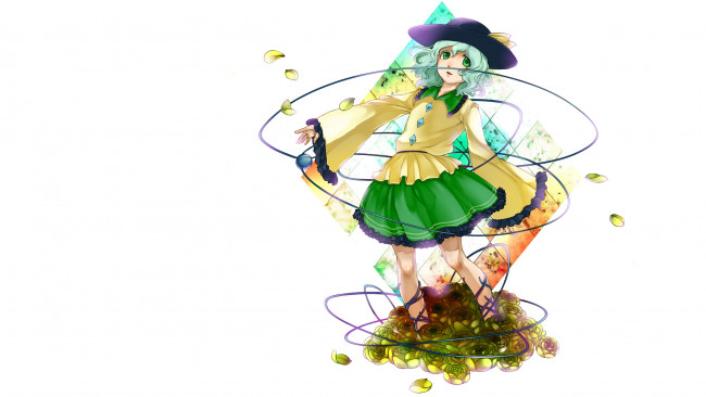 Обои картинки фото аниме, touhou, нить, шарик, ромбы, плитка, шляпа, девушка, белый, фон, розы