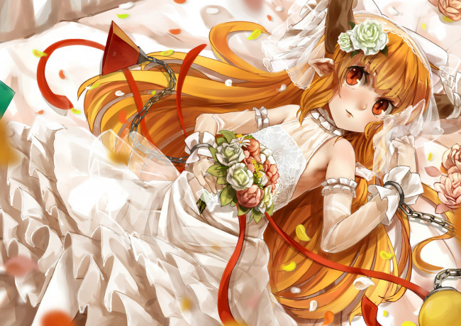 Обои картинки фото аниме, touhou, цветы, розы, букет, эльф, рыжая, лежит, девушка, белое, платье, цепи