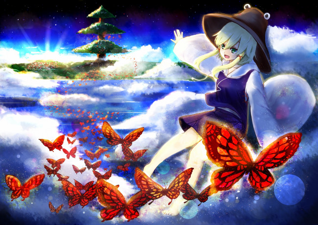 Обои картинки фото аниме, touhou, остров, бабочки, облака, небо, девушка, шляпа, дерево