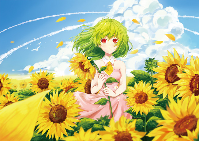 Обои картинки фото аниме, touhou, желтое, поле, красные, глаза, арт, подсолнухи, девушка, облака, небо, зелёные, волосы, розовое, платье