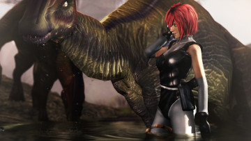 Картинка 3д+графика фантазия+ fantasy динозавры рыжая фон взгляд девушка