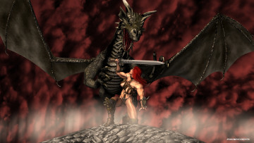 Картинка 3д+графика фантазия+ fantasy взгляд девушка дракон оружие фон