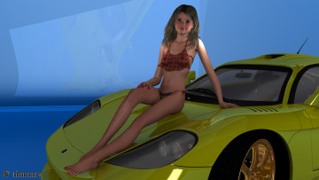 обоя автомобили, 3d car&girl, улыбка, автомобиль, фон, девушка, взгляд