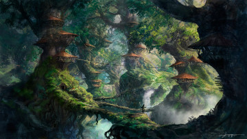 Картинка фэнтези пейзажи you shimizu лес арт дома деревья пейзаж