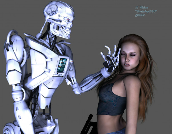 Обои картинки фото 3д графика, фантазия , fantasy, девушка, робот, фон, взгляд