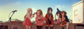 Картинка аниме k-on девочки магнитофон микрофон