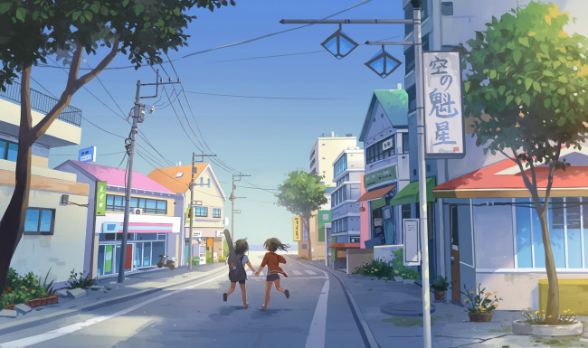 Обои картинки фото аниме, город,  улицы,  здания, дома, улица