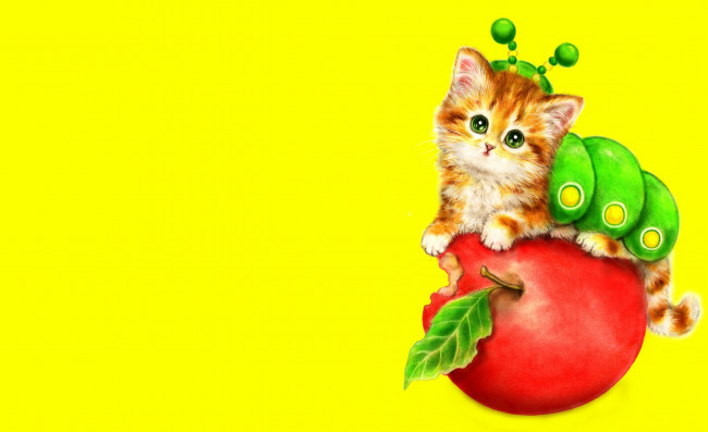 Обои картинки фото рисованное, животные,  коты, костюмчик, яблоко, арт, каёми, хараи, котёнок, детская