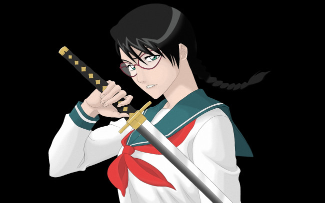 Обои картинки фото аниме, bleach, взгляд, меч, yadomaru, lisa, visored, очки, девушка