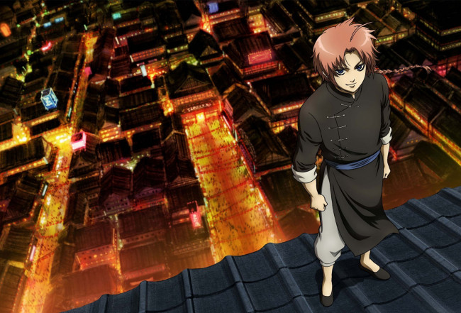 Обои картинки фото аниме, gintama, город, kamui, yato, крыша