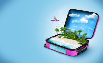 Картинка разное компьютерный+дизайн шезлонг зонт пляж чемодан фон самолет птицы рыбы синий облака море