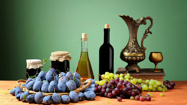 Обои картинки фото еда, натюрморт, виноград, варенье, сливы, вино