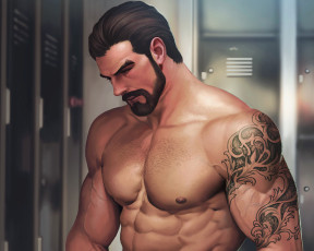 Картинка рисованное люди мышцы мужчина борода арт тело раздевалка