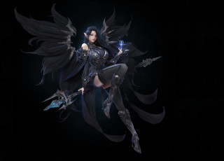 Картинка фэнтези ангелы арт взгляд крылья магия девушка броня черный фон костюм