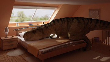 Картинка 3д+графика юмор+ humor спальня кровать динозавр дом