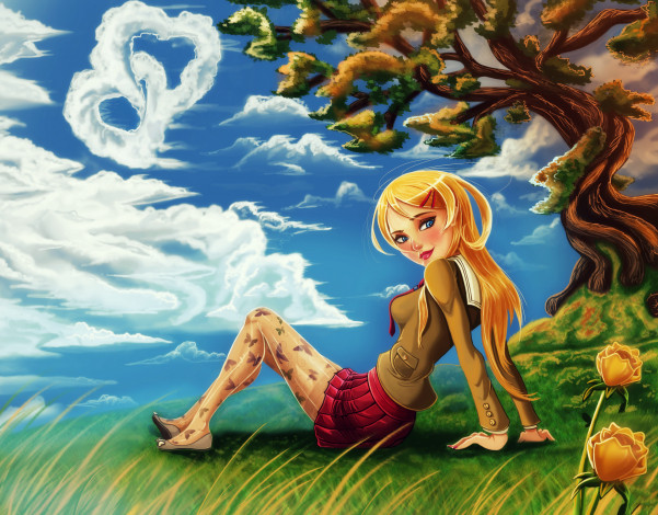 Обои картинки фото аниме, пейзажи,  природа, фон, девушка, взгляд, сердце, облака