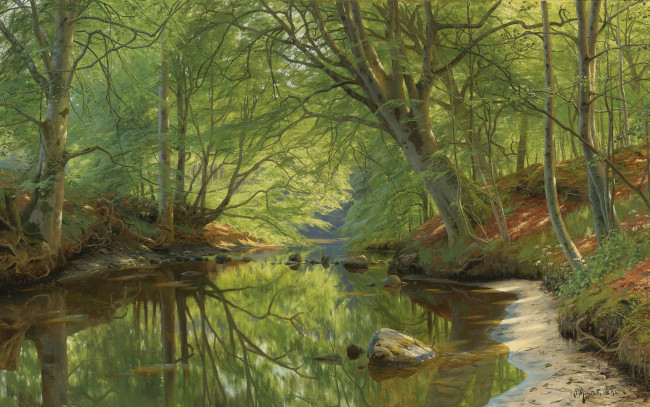 Обои картинки фото рисованное, живопись, 1896, peder, mоrk, mоnsted, лесной, ручей, danish, realist, painter, forest, stream, датский, живописец, петер, мёрк, мёнстед