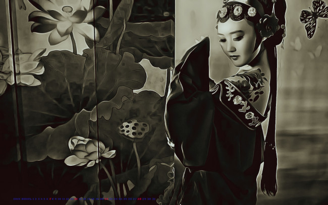 Обои картинки фото календари, компьютерный дизайн, азиатка, рисунок, узор, кимоно, девушка, женщина, 2019, calendar