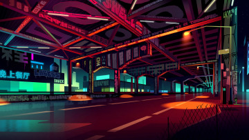 обоя видео игры, cyberpunk 2077, город, мост, колонны, рисунок