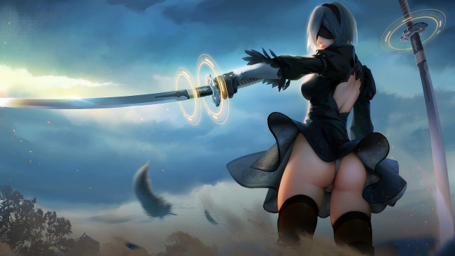Обои картинки фото nierautomata, видео игры, nier,  automata, девушка, ии, арт, фэнтези, меч, ракурс