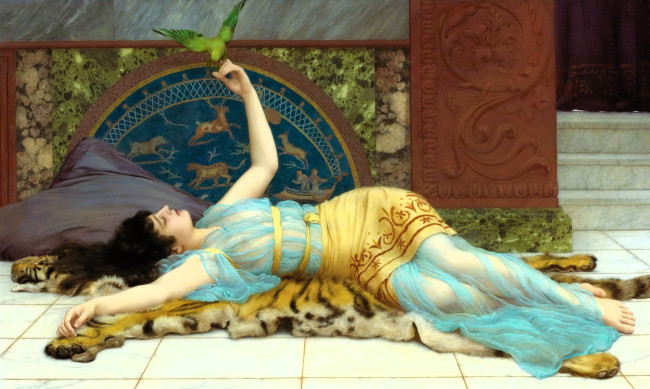 Обои картинки фото приятное безделье - джон уильям годвард, рисованное, john william godward, женщина, шкура, дворец, попугай