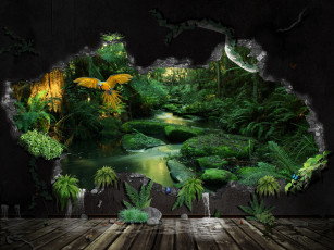 Картинка разное компьютерный дизайн попугай джунгли пролом стена