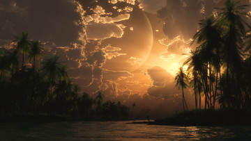 Картинка 3д графика nature landscape природа острова море закат пальмы