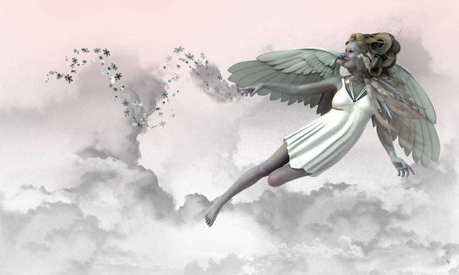 Обои картинки фото 3д, графика, angel, ангел, облака, цветы